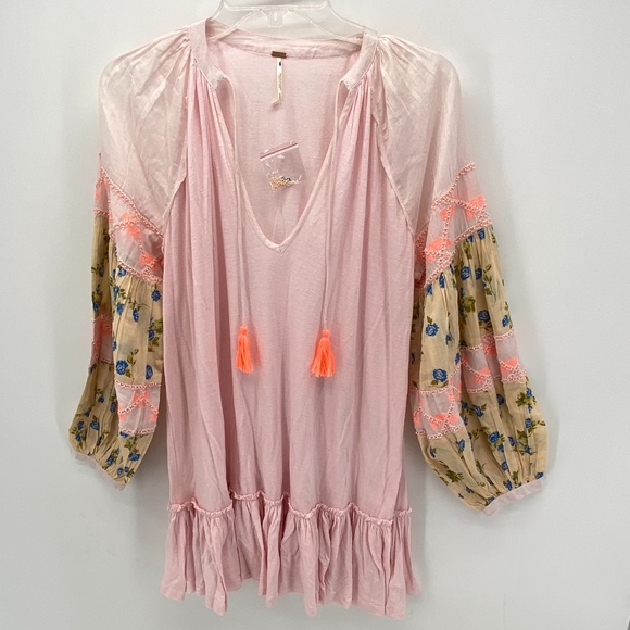 FREE PEOPLE PINK FLORAL BOHO PEASANT MINI DRESS - Picture 5 of 13